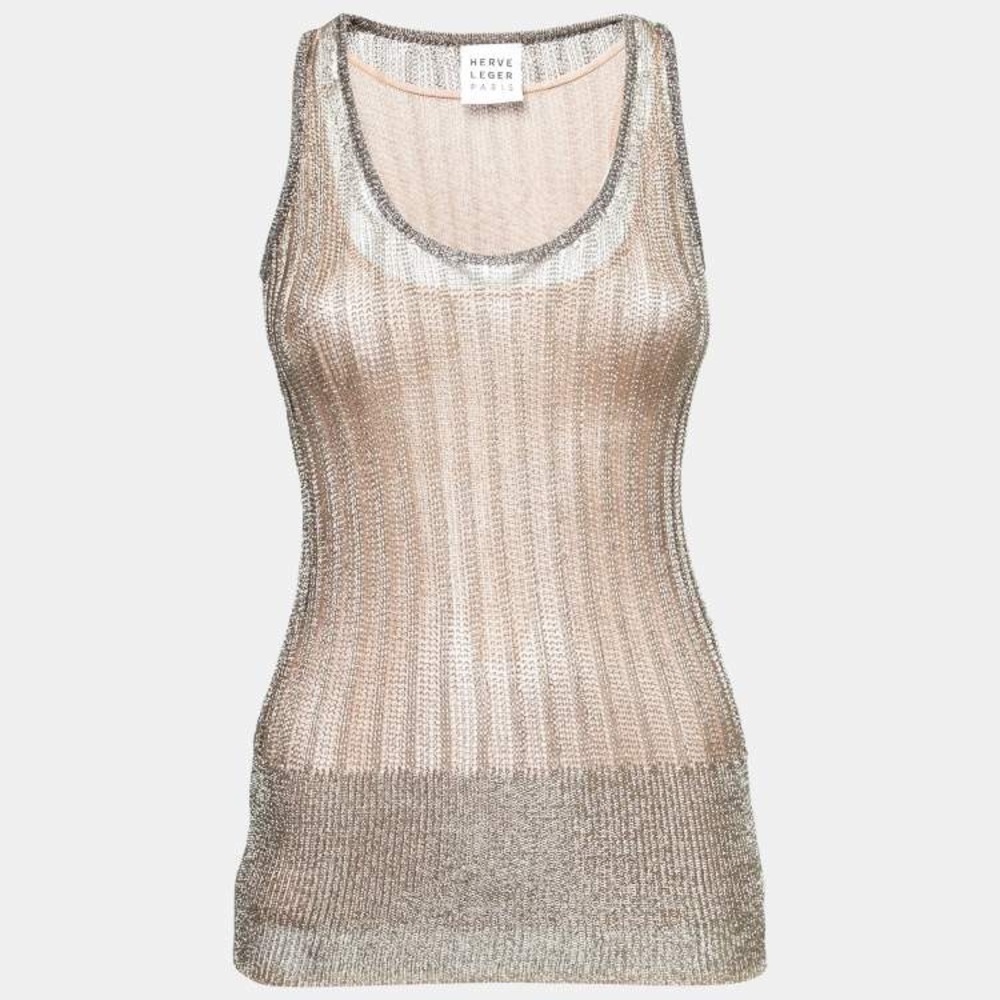 Herve Leger Paris Gold Metallic Ribbed Knit Tank Top L Rayon Quiet Luxury Chic